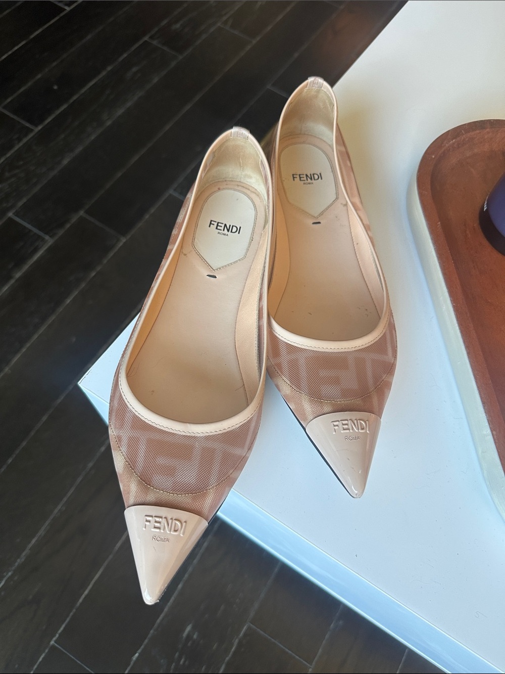 Fendi Beige Pink Monogram Pointed Toe Flats